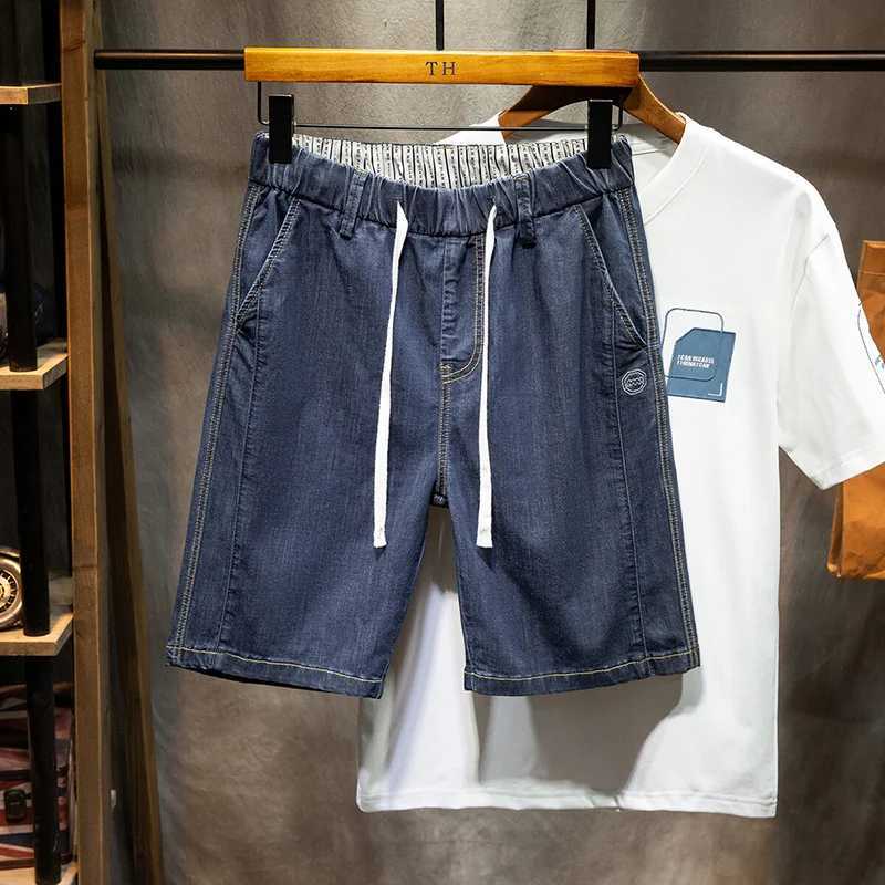 Plus Size 5XL 6XL 7XL Mens Thin Denim Shorts Soft Cotton Fabric High Stretch Drawstring Short Jeans Black Dark Blue Male BrandXJ241206