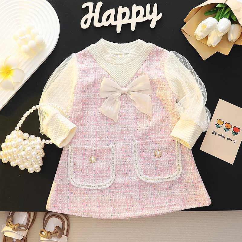 Elegant Childrens Dresses For Girls Fashion Bow Long Sleeve Princess Kids Birthday Par Dress Spring Soft Baby Clothes OutfitXJ241206