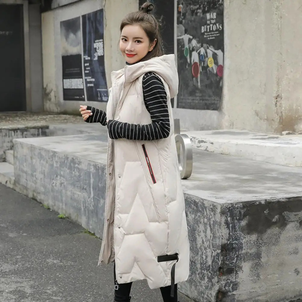 Winter Women Waistcoat Thickened Padded Hooded Sleeveless Long Vest Coat Solid Color Windproof Heat Retention Outdoor Down 241205