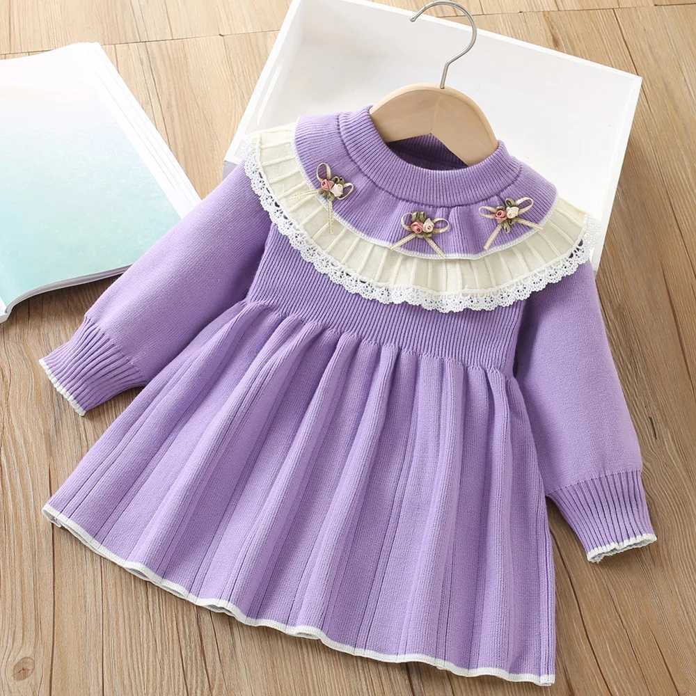 MILANCEL Spring Autumn Girls Sweater Dress 0-5 Y Childrens Korean Sle Elegant Flower Knitted Dress Kids OutfitXJ241206
