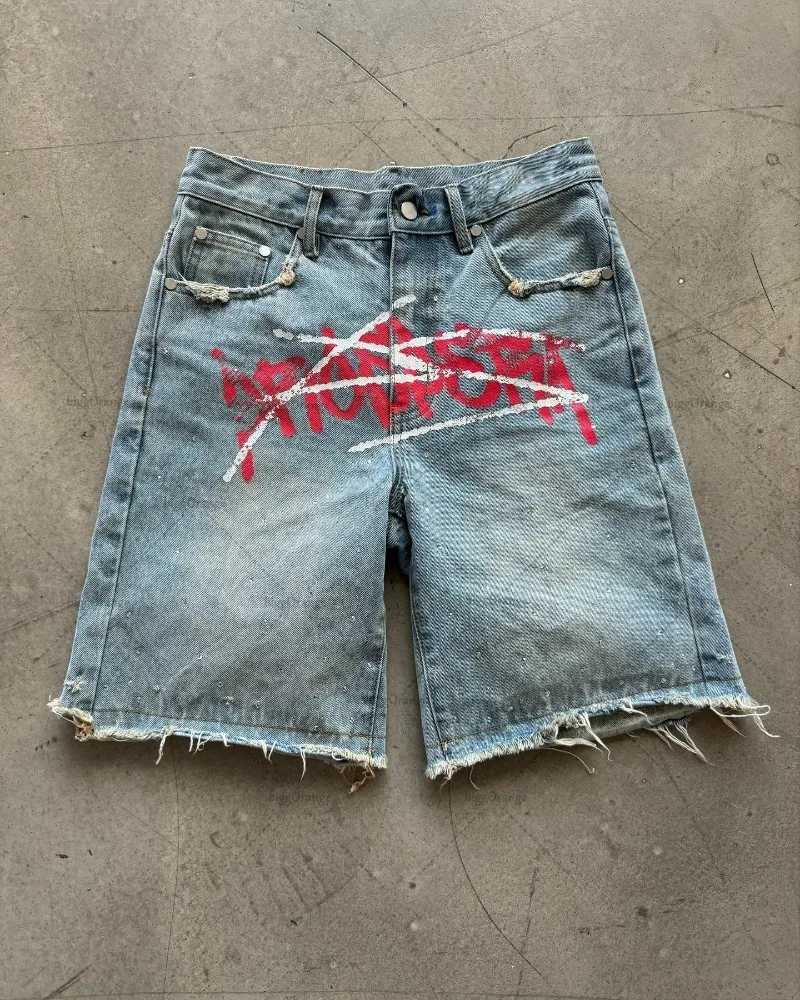 Punk Gothic Letter Print Casual Straight Pants Men Retro Personalized Washed Denim Shorts High Street Trend Streetwear WomenXJ241206