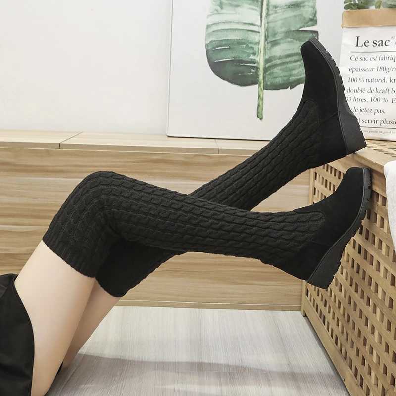 High Quality autumn and winter warm elastic socks boots knee knitted high boots casual black girls Kaii Lg boots T241206