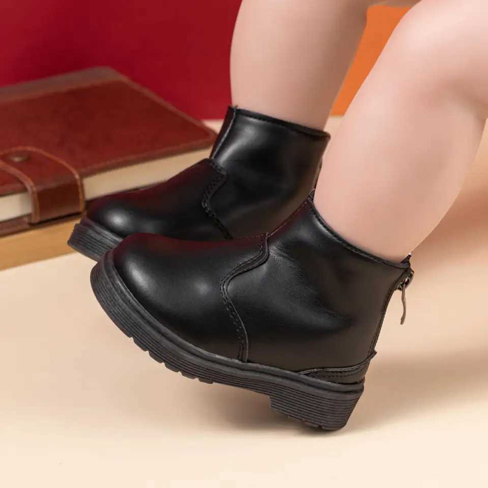 Classic Solid Color Leather Childrens Boots Fashionable Versatile Childrens Shoes Boys Girls Flat Bottom Waterproof MartinXJ241206