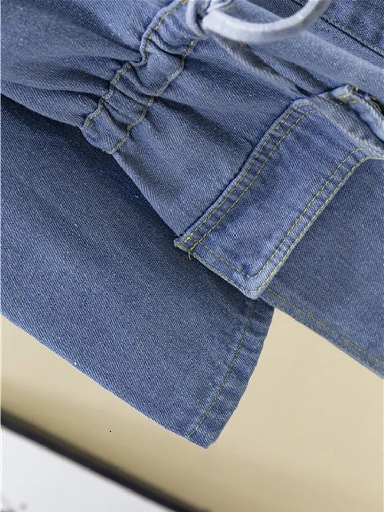 Fitting Drawstring Long Strap Denim Jacket Womens Fashion Style Pocket Hooded Jeans Clothing 2024 241206
