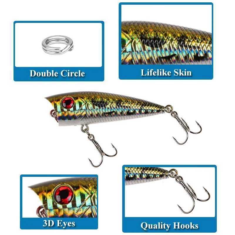 1pc Popper Fishing Lure 6cm/6.5g Hard Bait Artificial Topwater Bass Trout Pike Wobbr Fishing Tack with 2 Treb HooksXJ241128