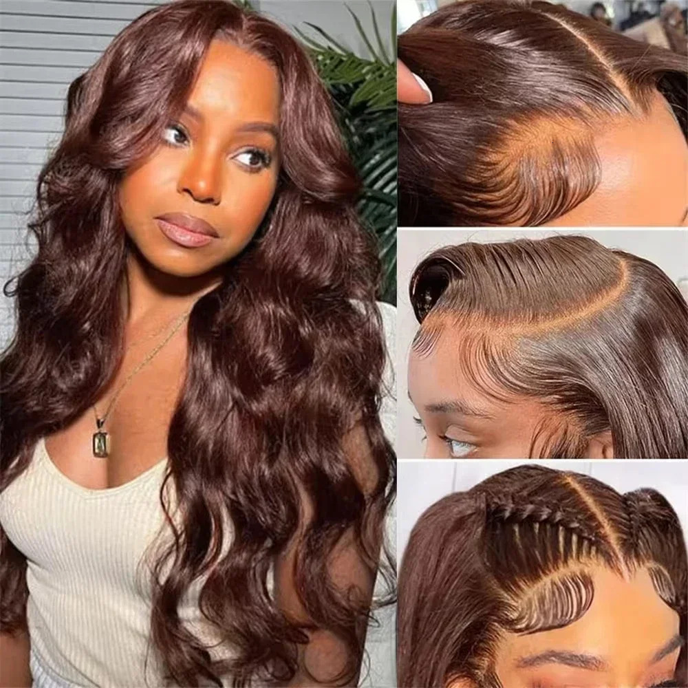 Chocolate With Baby Hair Reddish Brown Colored 13X4 HD Body Wave Lace Front Wigs For Women Synthetic Glueless Wig