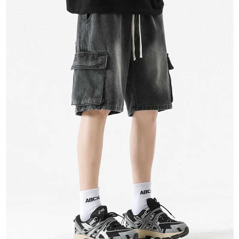 American Style Multi-Pocket Workwear Denim Shorts Mens Elasticated Drawstring Waist Loose Straight Leg Five PantsXJ241206