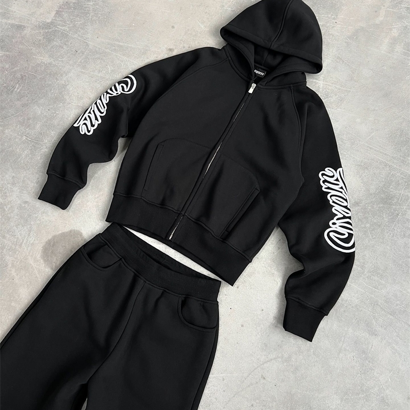 Mens Zipper Hoodie and Sweatpants Two Pieces Sets Casual Tracksuit Male Jogging Sportswear Suit Y2k Sweatshirt Pants Set 241205