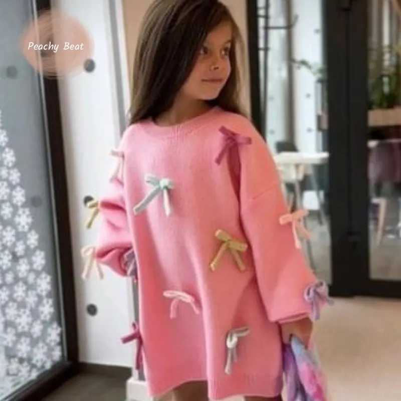 Cardigan Fashion baby girl princess cotton bow sweater childrens knitted floral long sleeved spring and autumn baby clothing 5-16Y Q241205