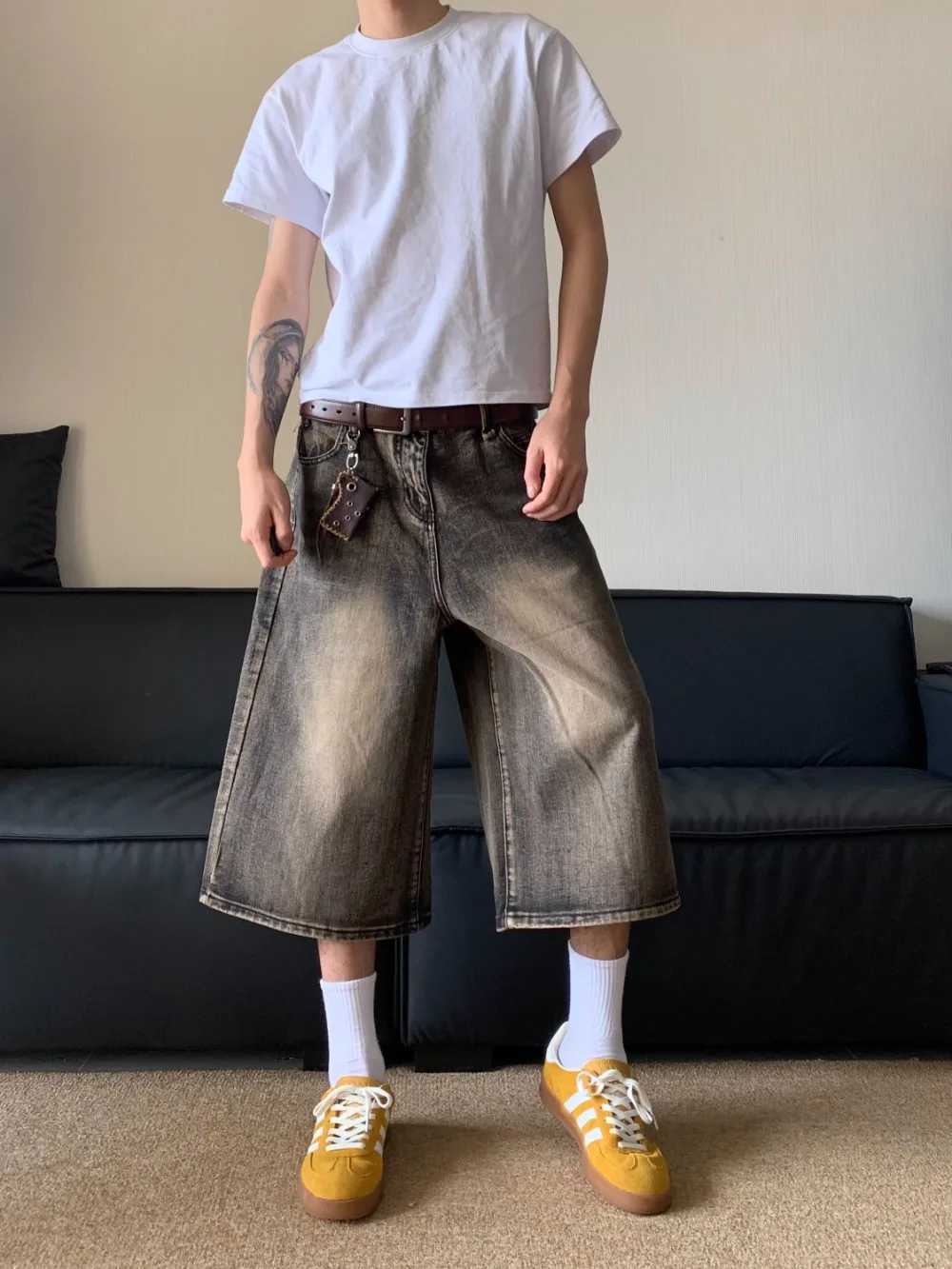 Oversized Hip Hop Jeans Shorts for Men Summer Retro Wide Leg Denim Knee Lenght PantsXJ241206