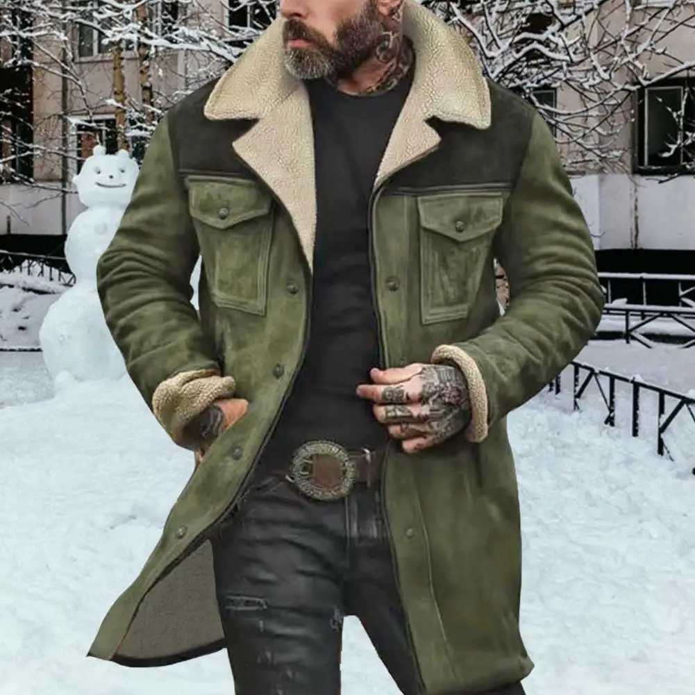 2024 Fashion Men Jacket Large Plush Lapel Long Sleeve Vintage Suede Jacket with Pockets Zipper Up Mid-length Motorcycle CoatXJ241206