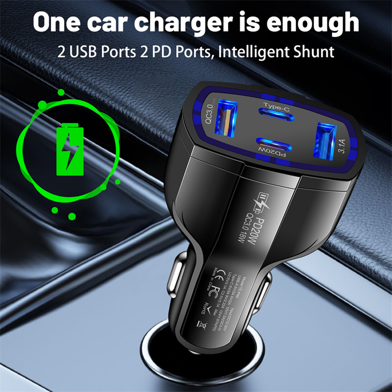 4 in 1 Car Quick Charger PD 20W 2USB+2PD Car Power Adapter USB Tyoe C Car Cigarette Lighter Charger 12-30V for iPhone 16 15 14 Huawei Samsung