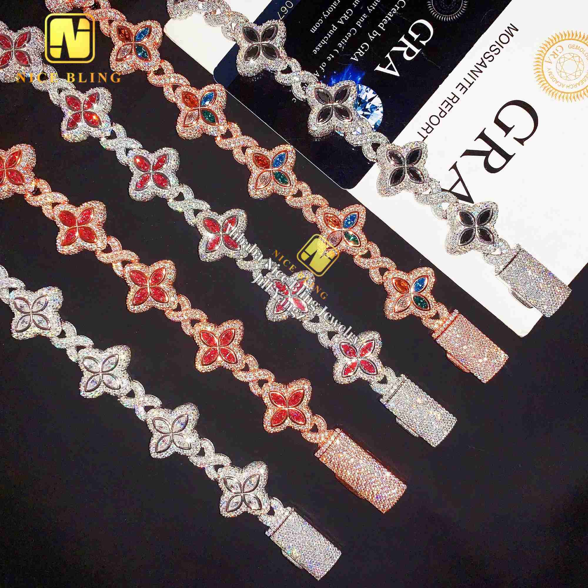 Multiple Options Color Moissanite Flower Cuban Bracelet Ready Stock Hip Hop Fancy Diamond Cuban Link Chain Moissanite 925 Silver