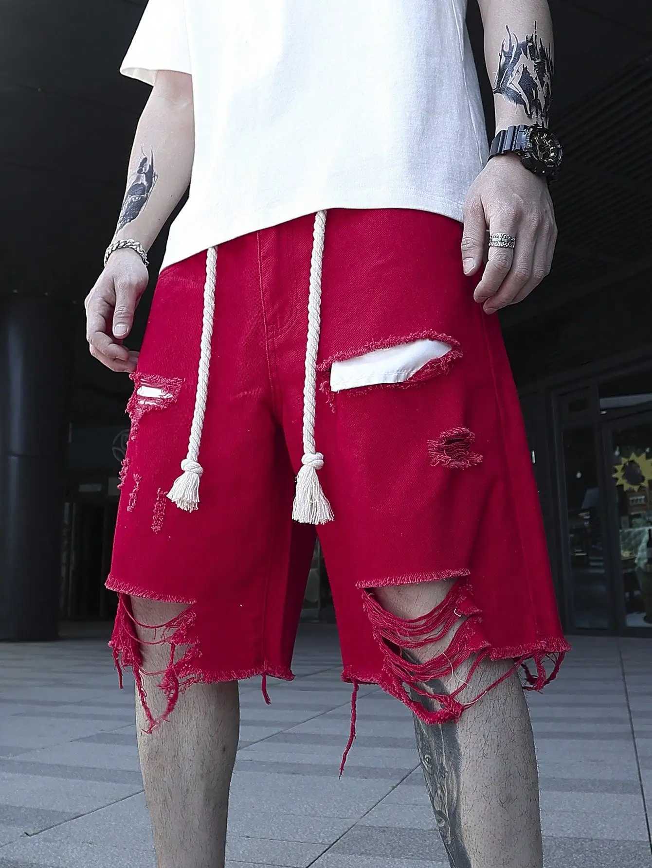 Mens Summer Street Style Ripped Dye Design Denim Shorts with High Stretch Knee Length ComfortXJ241206