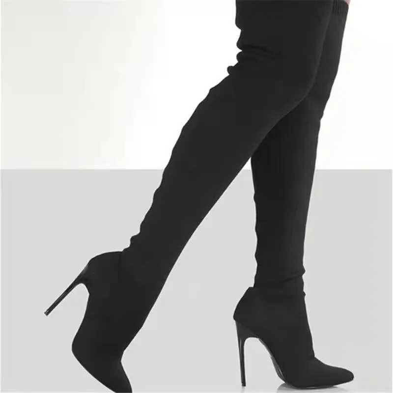 High Quality Wen Autumn Over The Knee Boots Stiletto High Heels Elastic Knitted Tube Shoes Beige Black Sexy Bota Fnina 20 T241206