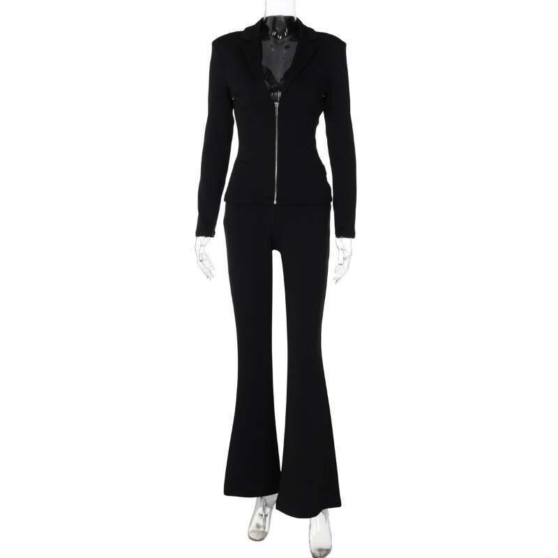 Black 2-Piece Set Women's Autumn Solid Long Sleeve Lapel Zipper Top Slim Elegant Pants Suit Outfits Y2k