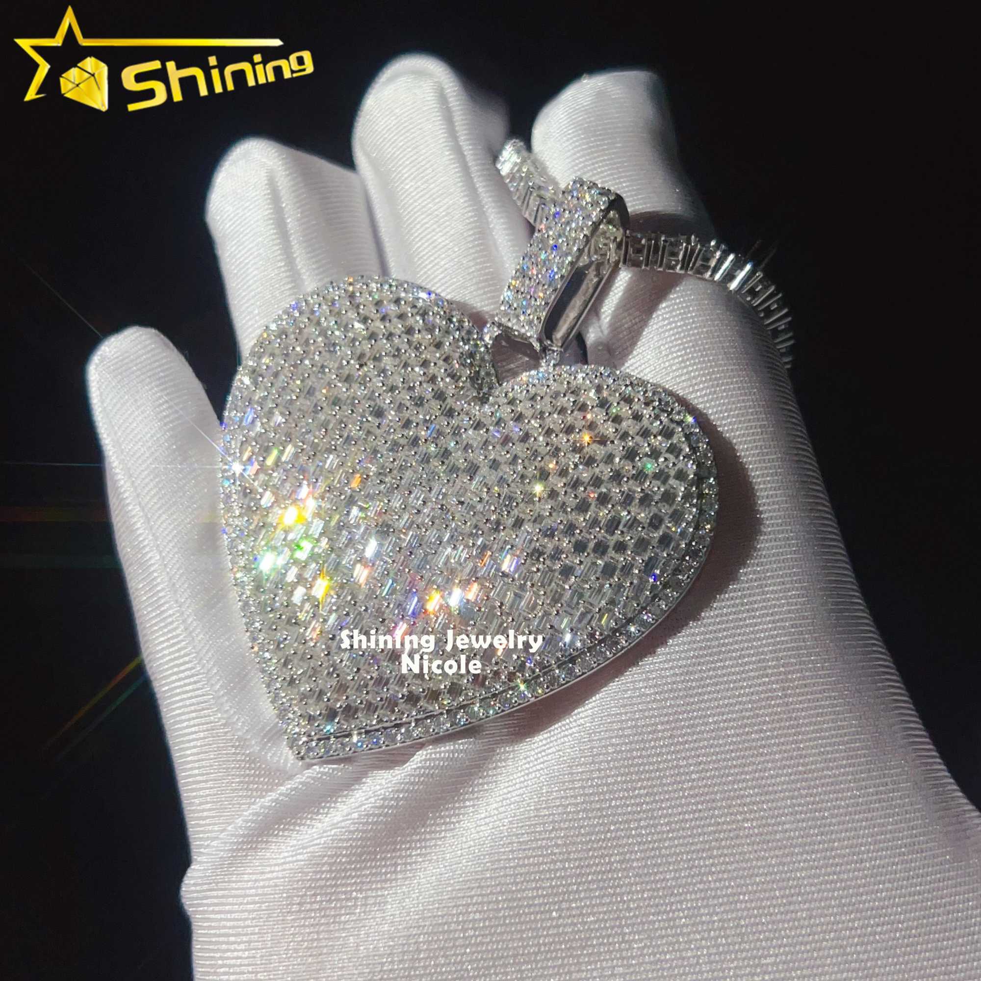 Luxury Big Heart Fully Iced Out Baguette Diamond Silver 925 Custom Moissanite Hip Hop Pendant