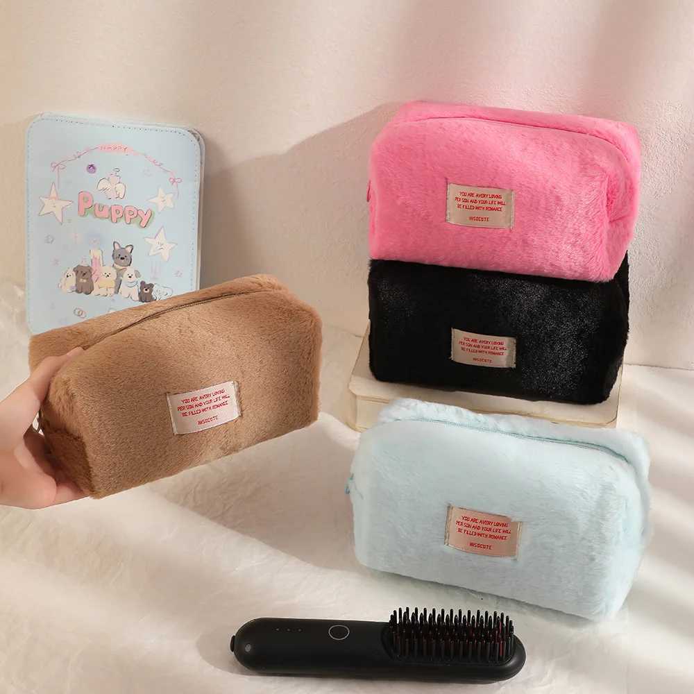 Winter Girls Plush Solid Color Makeup Bag Large Capacity Simple Octagal Bag Student Pen Bag Statiery Storage BagXJ241206