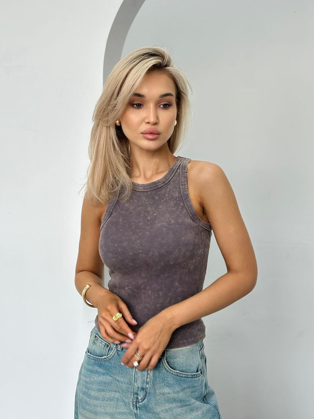 european and american 2024 summer new off shoulder waist slimming look washed and worn candy colored ribbed camisole vest top for women