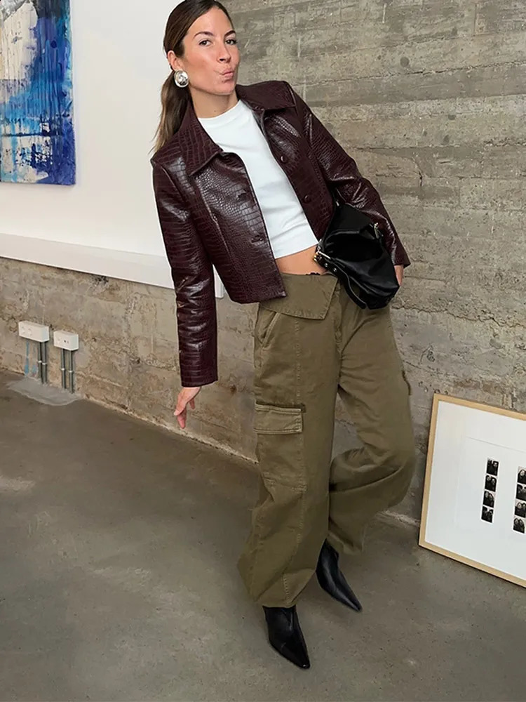 Chic Lapel Burgundy Single Breasted Litchi Leather Jacket Women Retro Solid Oversized Cropped Coat Lady Bomber Streetwear 241205