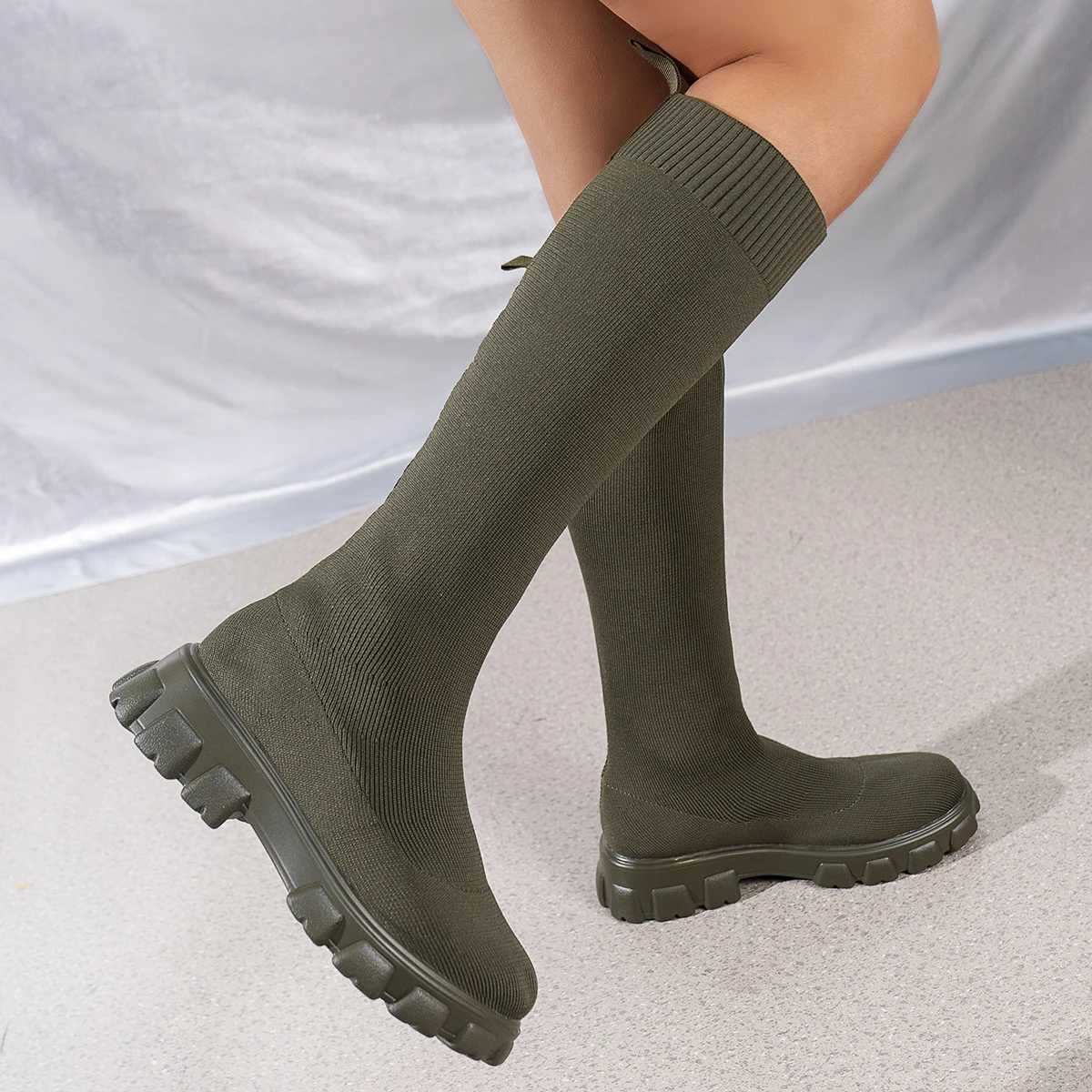 High Quality Winter and Autumn Knee Platform Boots Wen Street Knitted Socks Lg Boots Smooth Slim Fit High H Botas T241206