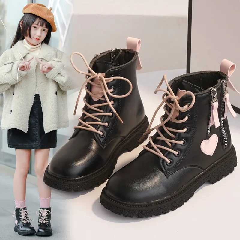 zapatos nia Platform kid boot 2023 winter new British ankle boot plush girl shoe kid shoe fashion Leather boots XJ241206