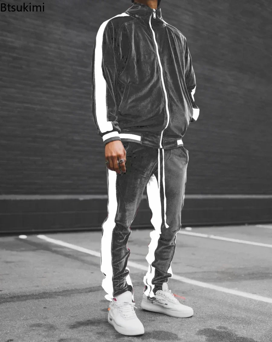 2024 Vintage Velvet Sets Mens Fashion Splice Stand Collar Zipper Tops and Sport Pants Two Piece Set Men Casual Tracksuit Outfit 241205