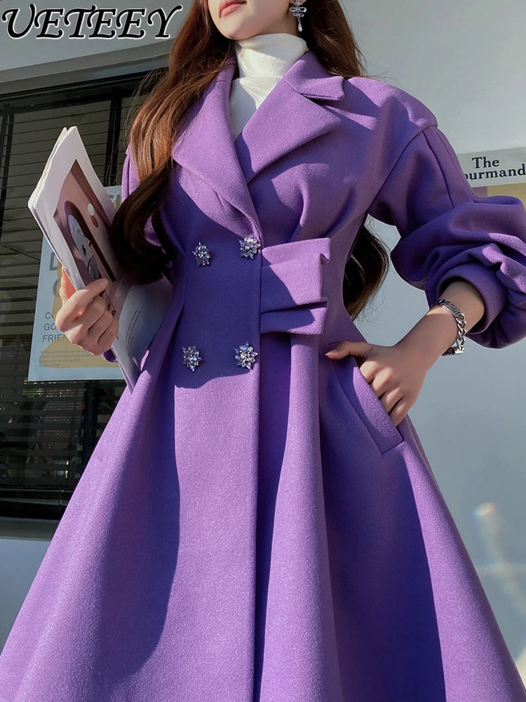 Dabuwawa elegant ultra-thin waist slimming lantern sleeve swing wool coat womens autumn and winter high-end purple cashmere coat 241205