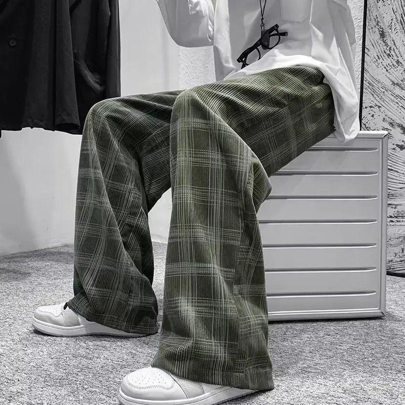 Vintage Plaid Trend Straight Pants Spring Autumn Elastic Waist Loose Casual Wide Leg Sports Fashion Korean Men Clothes 241205