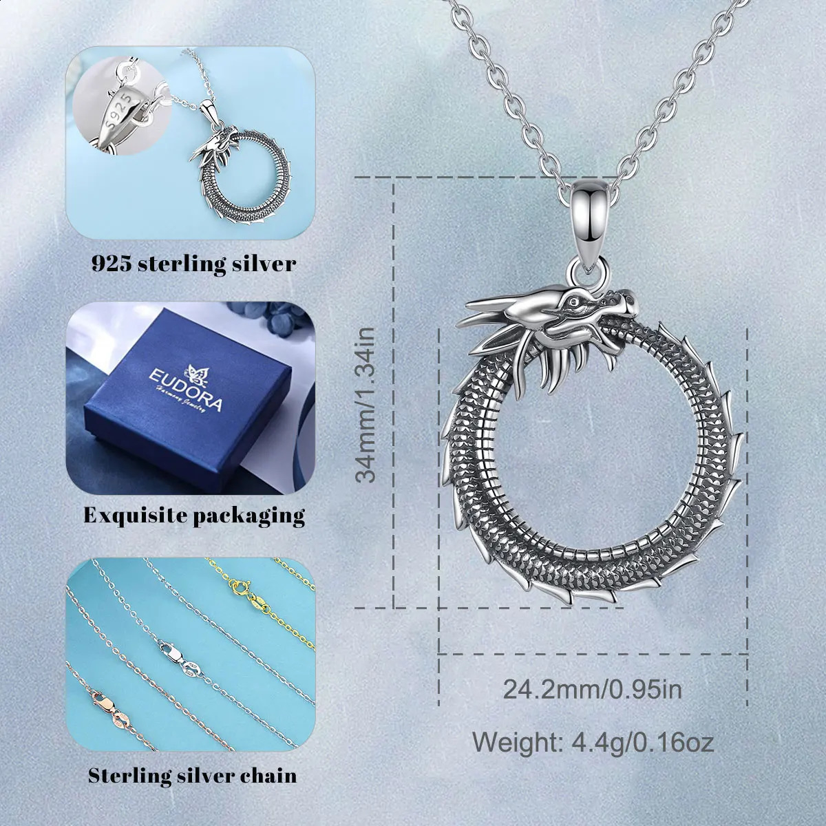 Eudora Real 925 Pure Silver Dragon Necklace Temperature Personalized Round Cool Dragon Pendant Mens Exquisite Jewelry 241205