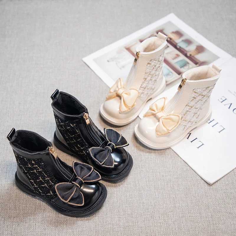 Girls Short Boots Simple Soft Breatheable Children Fashion Leather Boots Zipper Kids Sweet Princess Boots with Bow-knot WinterXJ241206