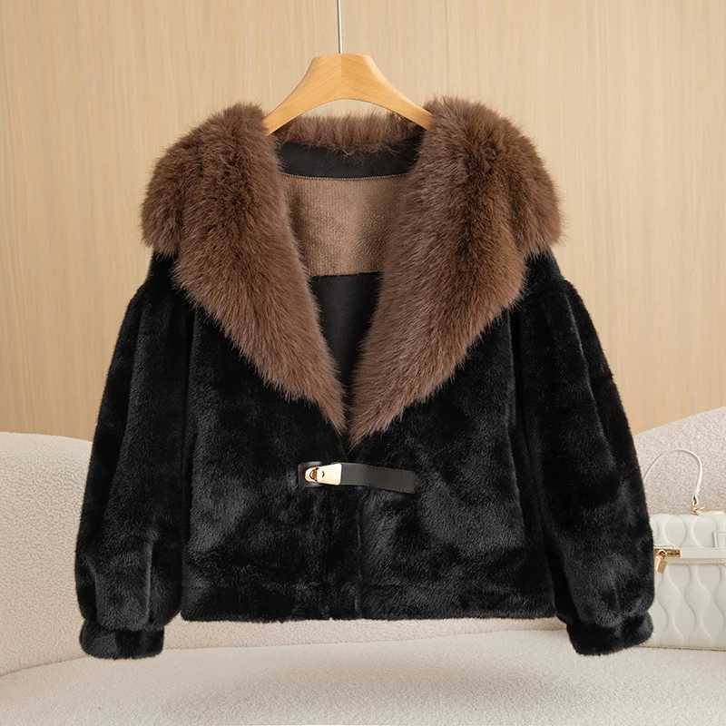 2024 Winter Luxury Gold Mink Velvet Fine Imitation Womens Short Coat Big Fur Collar Stylish and Lightweight Warm Coat TopXJ241206