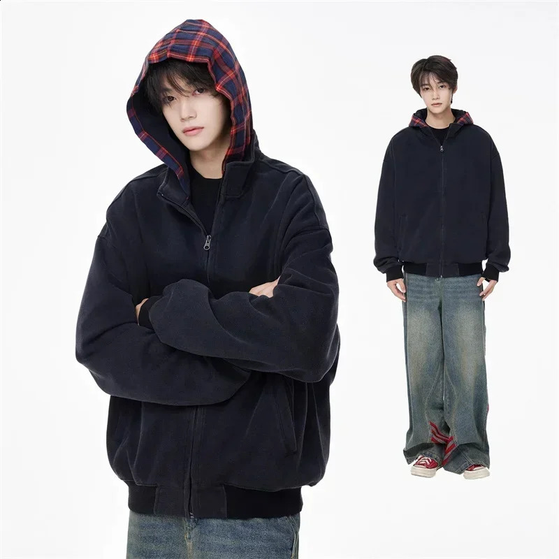Autumn Plaid Zipper Hoodie Mens Sweatshirt Y2K Retro Street Clothing Patch Work Jacket Womens Harajuku Fashion Hoodie Coat 241205