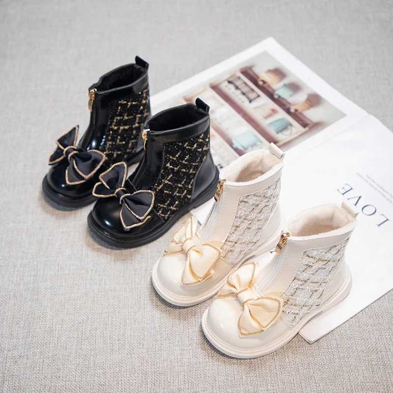 Girls Short Boots Simple Soft Breatheable Children Fashion Leather Boots Zipper Kids Sweet Princess Boots with Bow-knot WinterXJ241206