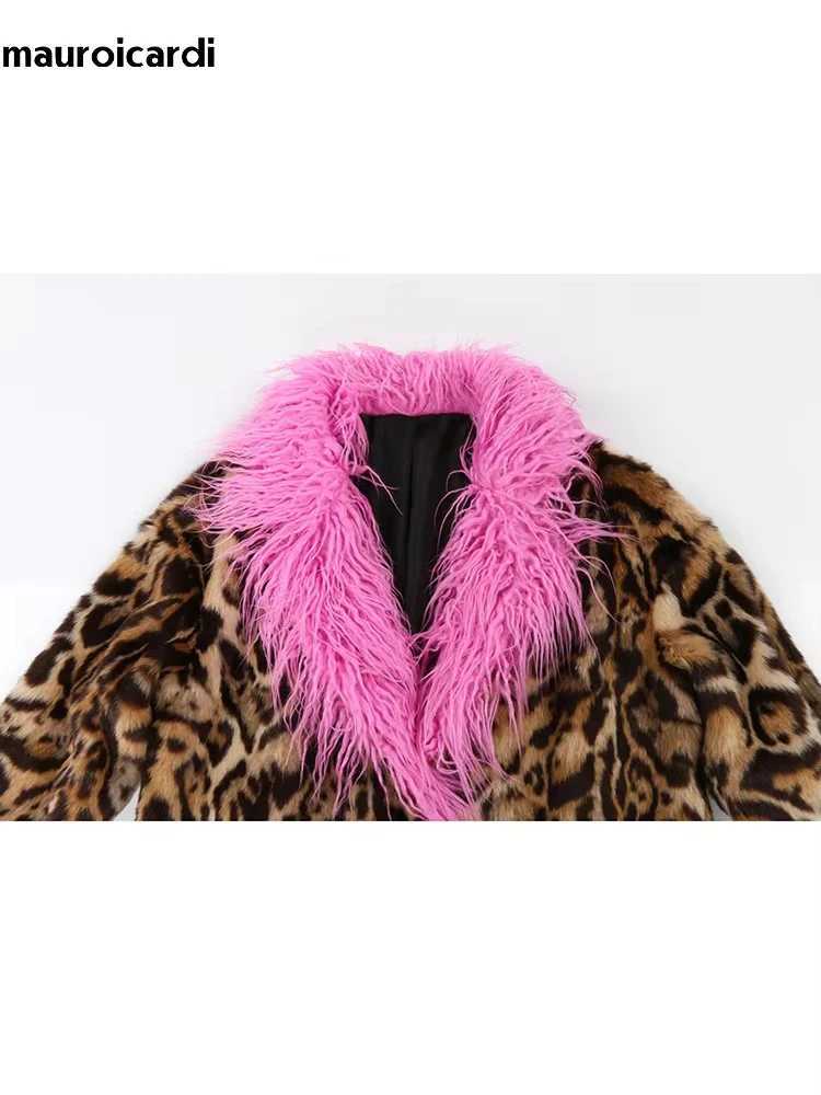 Mauroicardi Winter Long Thick Warm Colorful Leopard Print Patchwork Faux Fur Coat Women Luxury Designer European Clothes 2024XJ241206