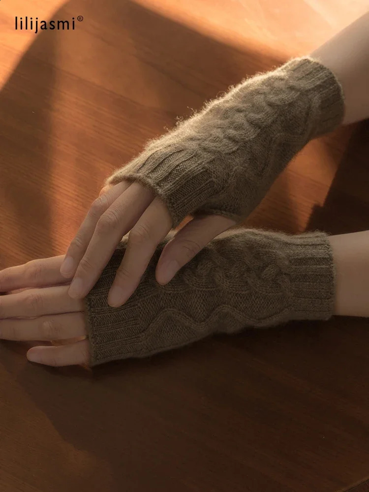 100% genuine cashmere autumn thick cable gloves no finger warmth wrist length thumb hole gloves classic womens elegant 241206