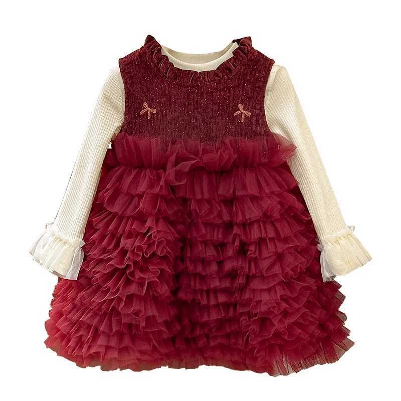 2024 Autumn Winter Kids Girls Princess Dress Set Solid Knitted Shirts Plus Velvet Mesh Tutu Dress Suit Children Girl OutfitXJ241206