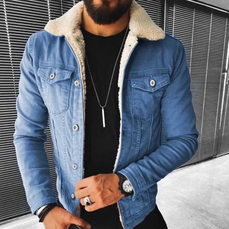 2023 European and American Outerwear Mens Imitation Lamb Wool Style Thickened Denim Outerwear Mens New Winter JacketXJ241206
