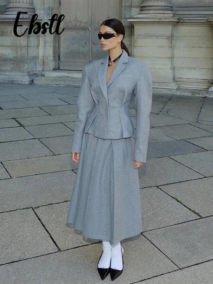 Elegant Woolen Coat Skirts Set Women Grey Lapel Hidden Buckle Blazers Pleated Skirt 2024 Autumn Winter Lady Office Outfits 241205