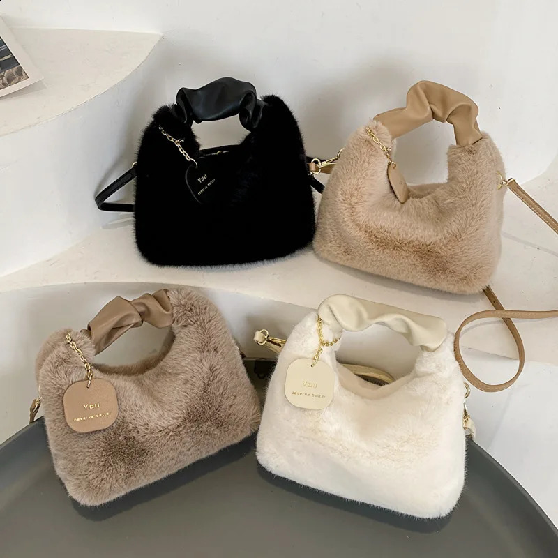 Womens artificial fur soft plush handbag Ruched handle small shoulder cross body bag casual fluffy handbag wallet winter bag 241204
