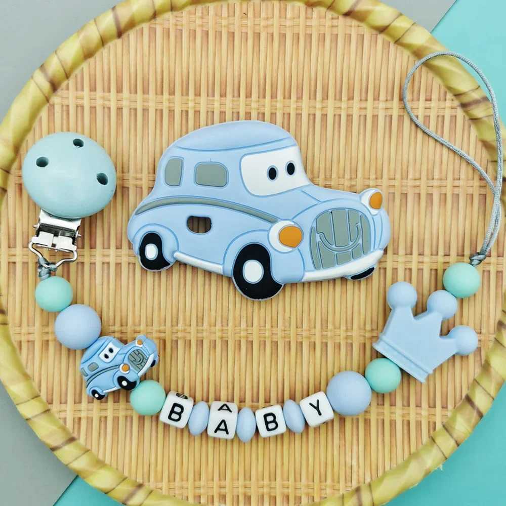 Pacifier Holders Clips# Custom English Russian Letter Name Silicone classic cars Pacifier Clip Chain Teether Pendant for Baby Pacifier Kawaii Teether 