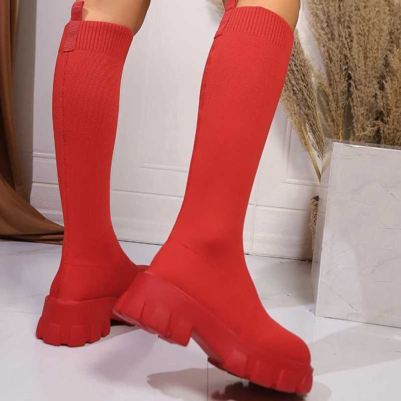 High Quality 43 thick soled knitted Lg boots suitable for Wenfei elastic socks shoes knee boots round toes low H Botas De Mujer T241206