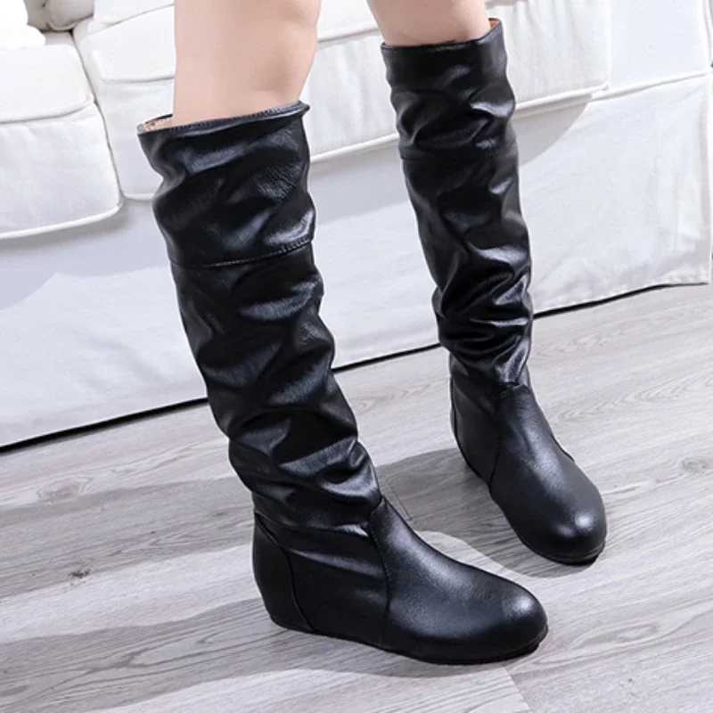 High Quality Autumn New Warm Thick High Heels Fi Plus Size Concave Toe Wrinkle Flat Knee High Knight Boots T241206