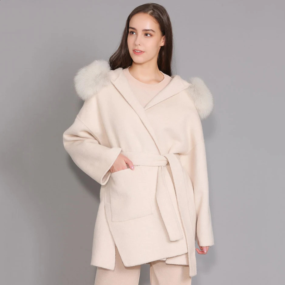 Jxwatcher Wool Coat and Blends Fashion Medium Length Cashmere Jacket Hooded 100 Real Fur Collar Cuffs Winter for Women 241205