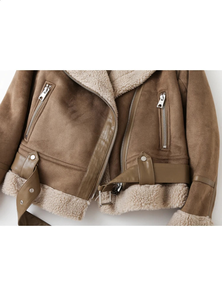 ZACK RAIN Brown Jacket For Women 2023 Winter Vintage Fur Integrated Lapel Long Sleeves Jackets Female Outwears Chic 241205