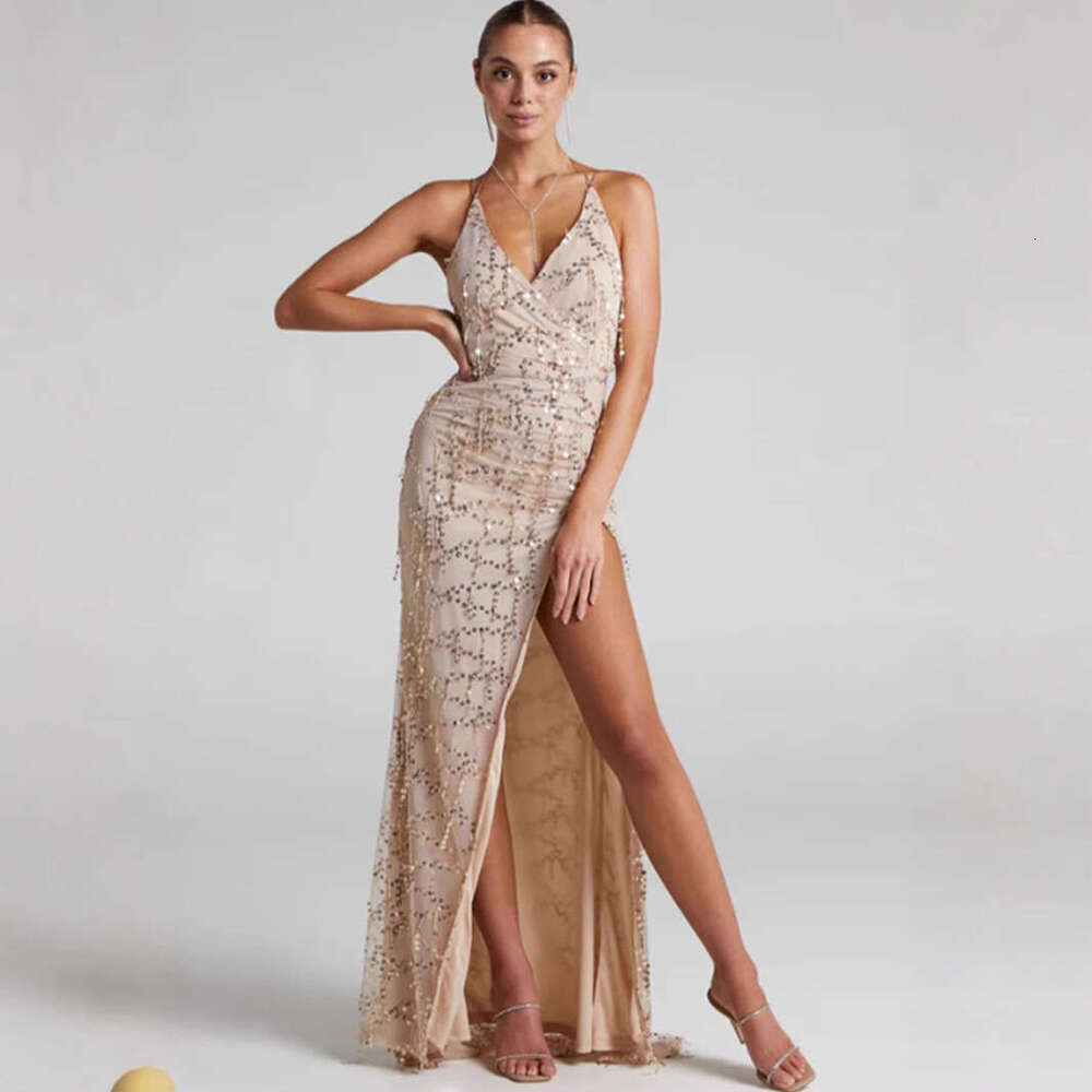 European and American solid color sequin suspender tail party long tassel dress 2024 new casual fashion trend clothing