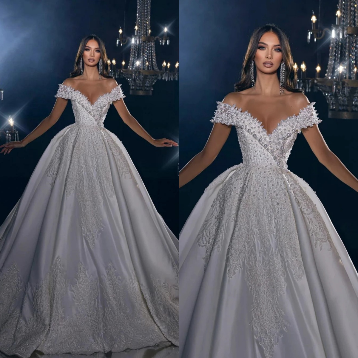 ful Off The Shoulder Bridal Dress Sequins Pearls Wedding Satin Ball Gown Bride Robe Vestido De Novia