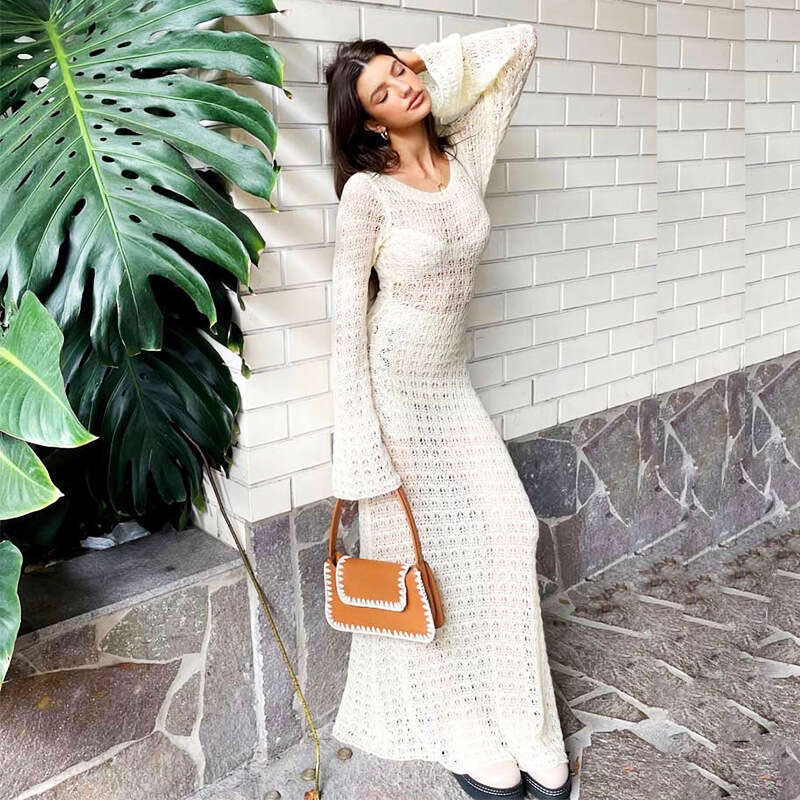 European and American beach vacation bikini outerwear skirt knitted hollow backless dress for women 2024 new casual fashion trend clothing