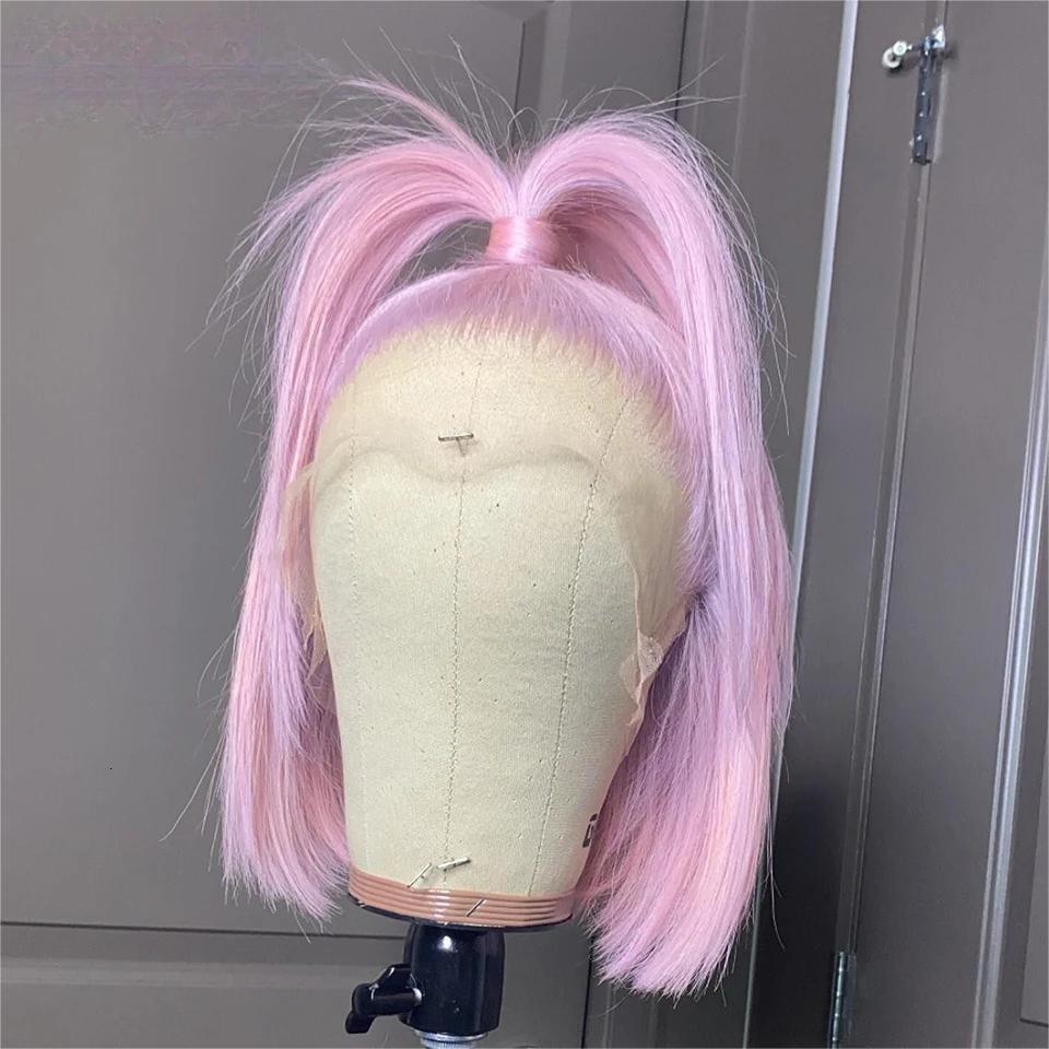 Pink Colored Short Straight Bob Front Mint Green Human Hair Wigs 613 Blonde Platinum HD Transparent Lace Frontal Wig