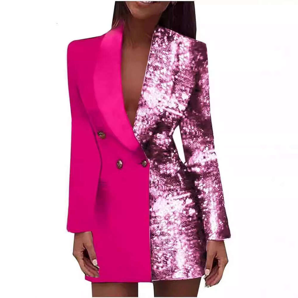 2025 autumn European and American red sequined patchwork trend V-neck long sleeved slim fit professional dress 2024 new casual versatile fashion cloth